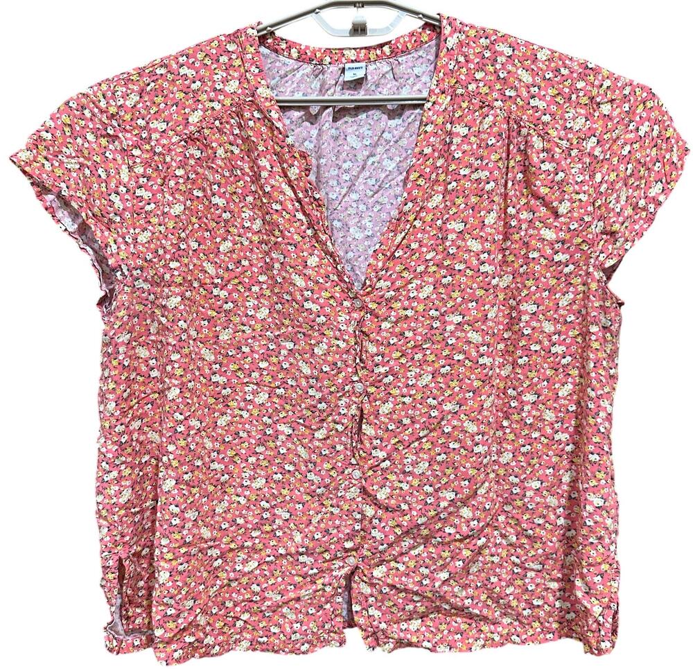 Old Navy Button Up Top Womens XL Yellow Coral Pink Ditsy Floral Colorful Dainty